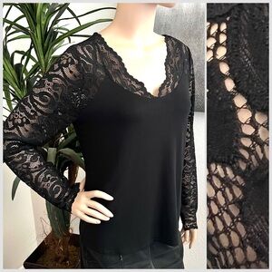 NEW Black Long Sleeve V-Neck Lace Top with Sheer Sleeves